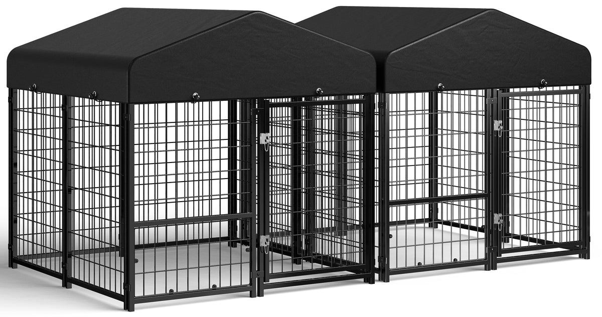 Two 4 by 4 outdoor dog kennels with Oxford roofs
