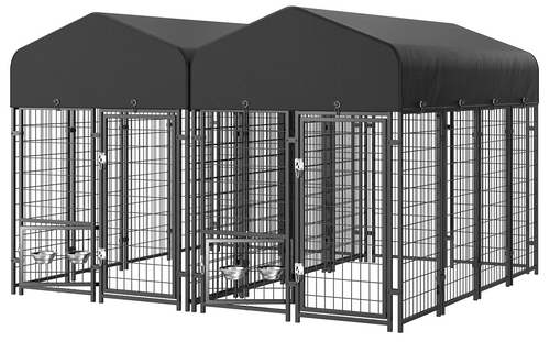 Two 8 by 4 by 6 outdoor dog kennels with rotating feeders