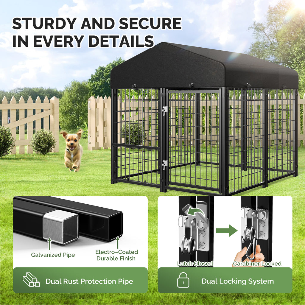 Outdoor dog kennel with waterproof roof, 4 by 4 by 4.5 feet