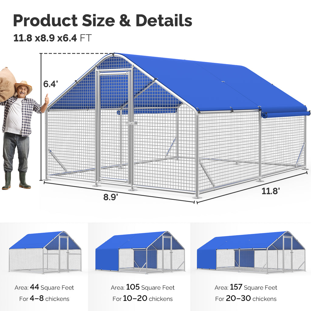 Sino Luban Metal Large Chicken Coop Run with Small Mesh Hardware Cloth for 20 Chickens/Ducks, Chicken Runs for Yard with Waterproof Cover, Chicken Enclosure Pen Outdoor, Walk-in Poultry Cage