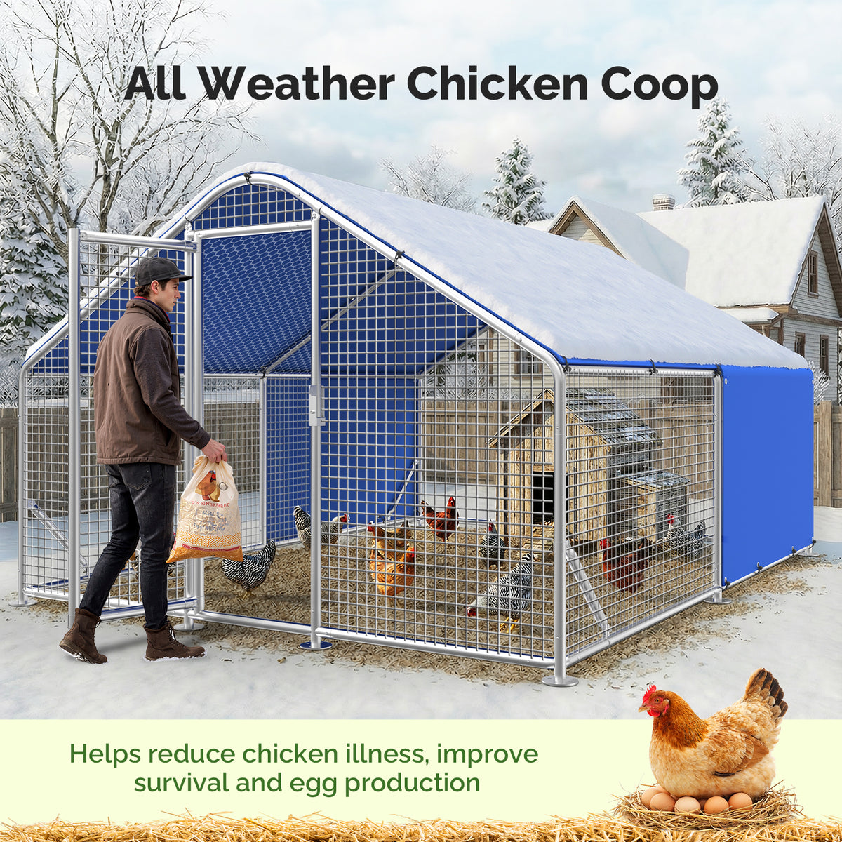 Sino Luban Metal Large Chicken Coop Run with Small Mesh Hardware Cloth for 20 Chickens/Ducks, Chicken Runs for Yard with Waterproof Cover, Chicken Enclosure Pen Outdoor, Walk-in Poultry Cage