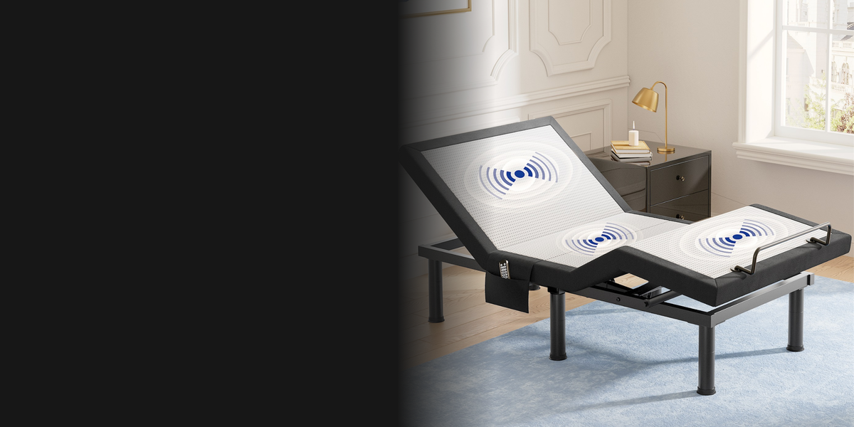Adjustable bed base raised at the head in a bright bedroom