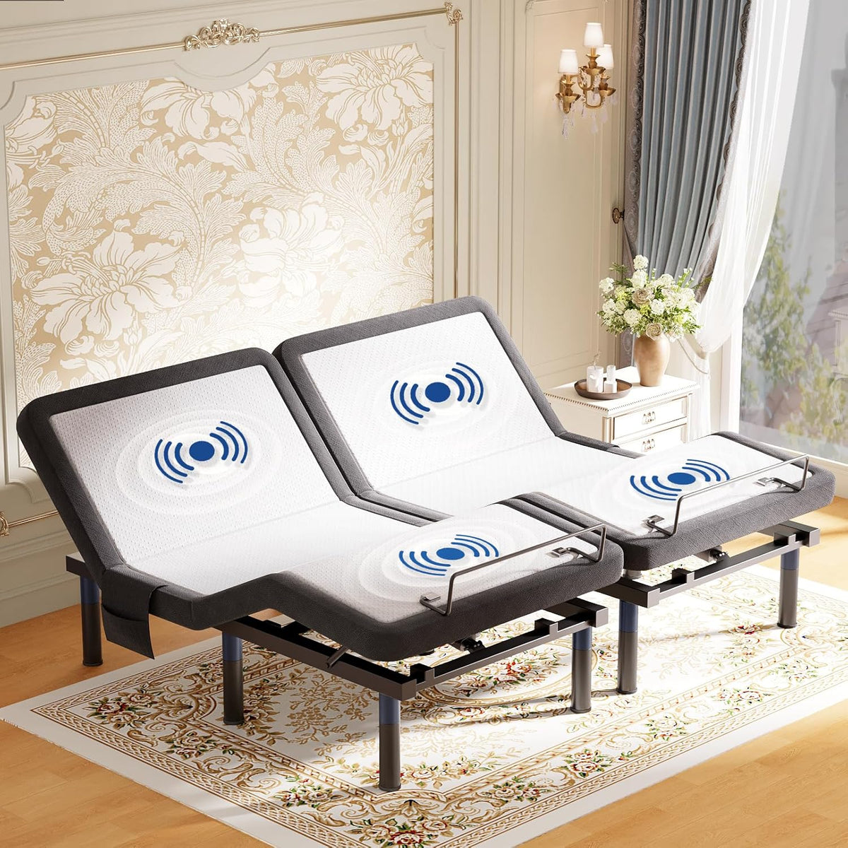 Split King adjustable bed base with massage