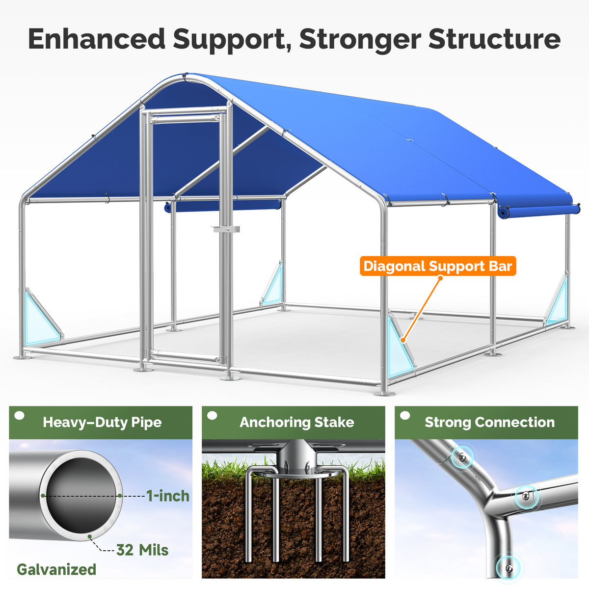 Galvanized steel frame, stakes, and diagonal bars