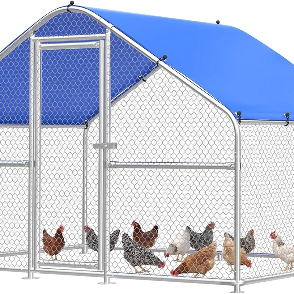Walk-in metal chicken coop with hexagonal wire