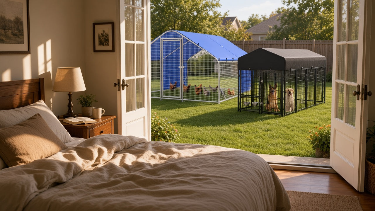 Bedroom looking onto a backyard with a walk-in coop and outdoor kennel