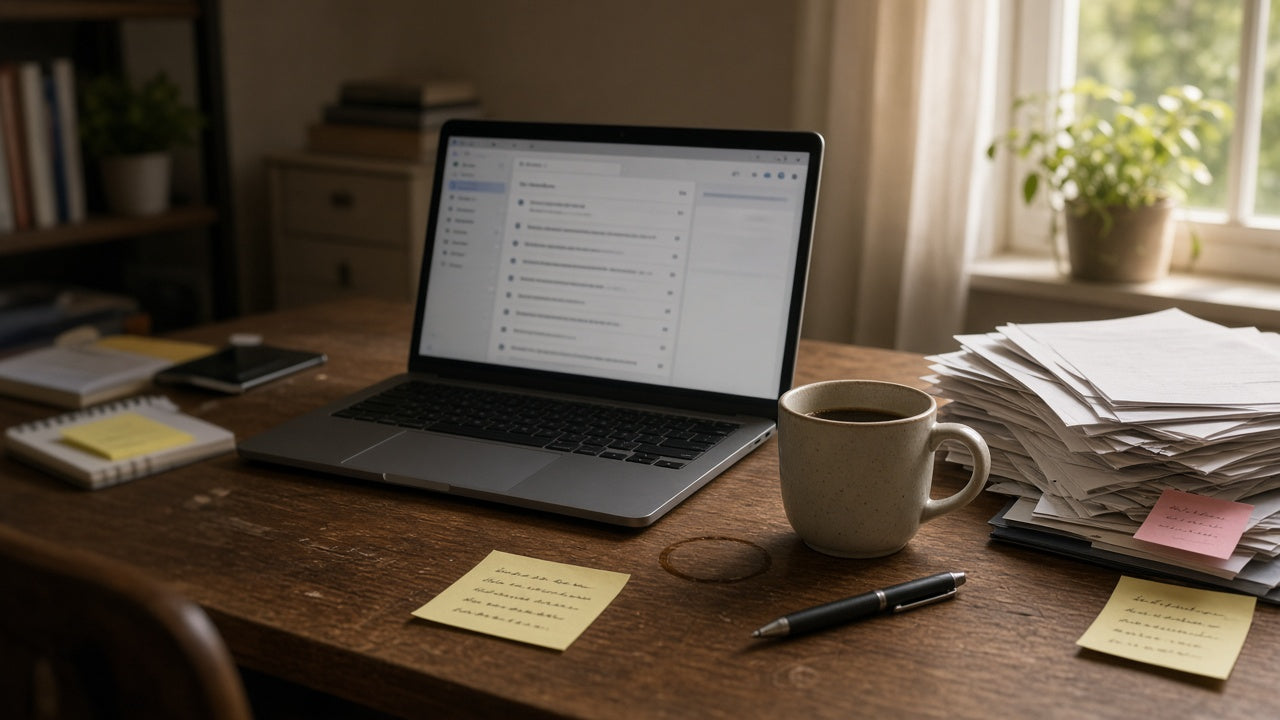 Laptop, handwritten notes, and coffee on a used desk