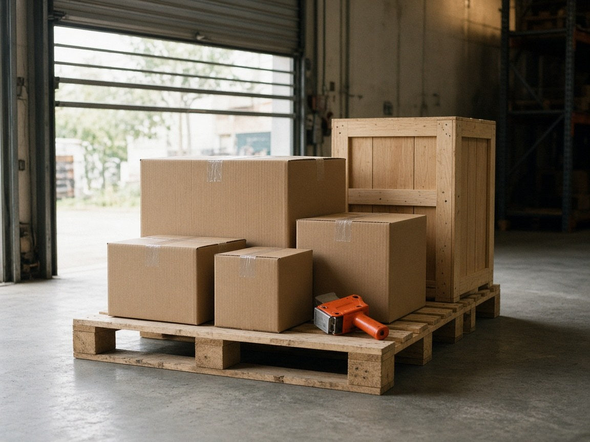 Sealed cartons and a wooden crate ready on a pallet